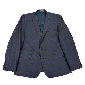 Bar III Mens Slim Fit Wool Blend Active Stretch Plaid Suit Jacket Blue Tan 46R